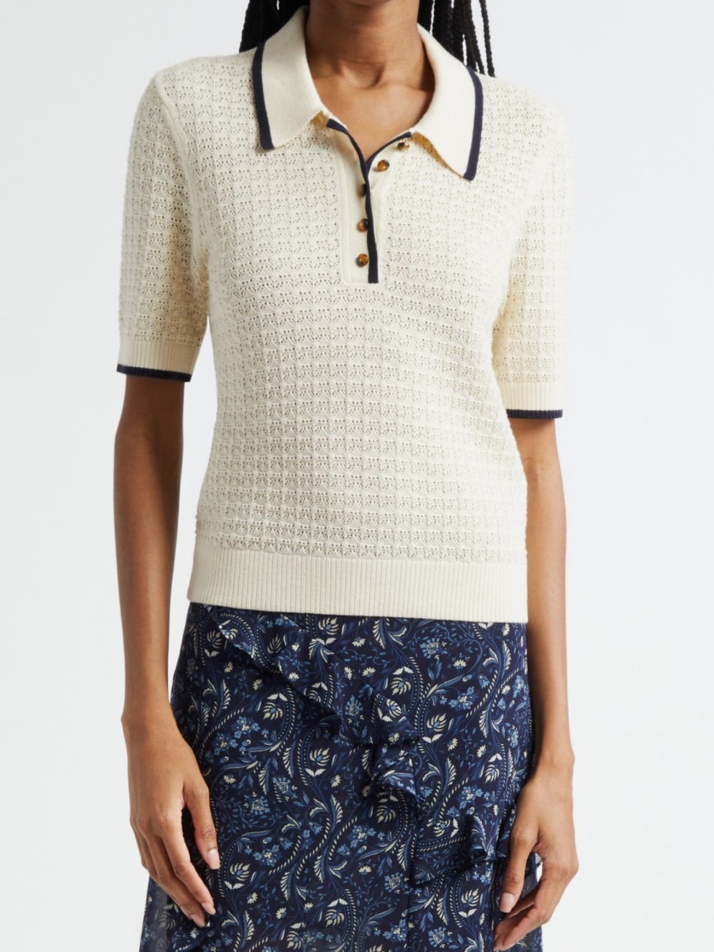 Veronica Beard Brandt Pointelle Polo Sweater